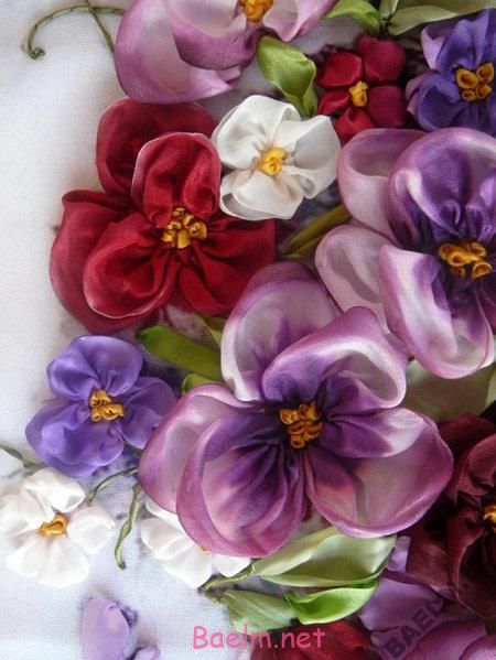 هنر خانه داری | آموزش قدم به قدم دوخت گل بنفشه روبان دوزی