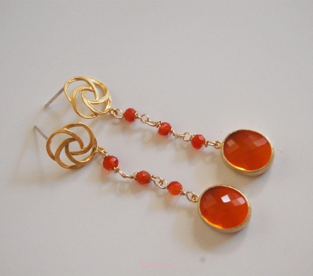 عکسهای شیک | مدل های جدید از گوشواره زنانه با عقیق نارنجی (میخی و آویزان) 4 گوشواره عقیق نارنجی مجموعه (3)