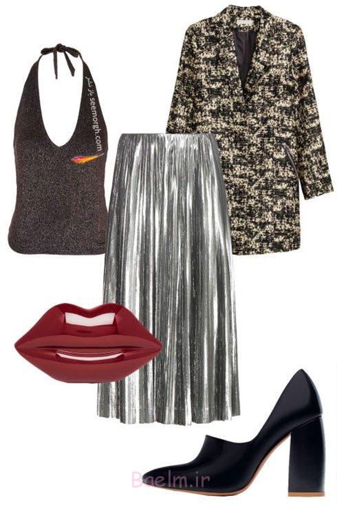 ست کردن دامن نقره ای با تاپ لمه برای میهمانی شب