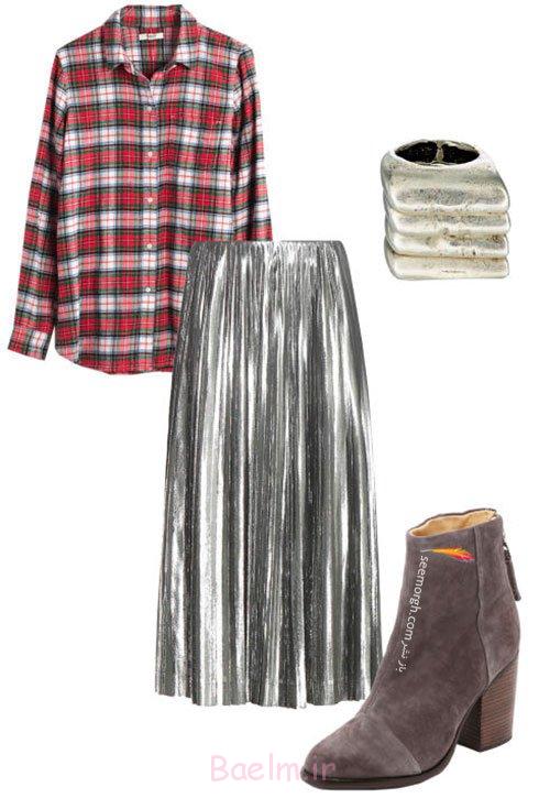 ست کردن دامن نقره ای با بلوز چهارخانه برای میهمانی های دوستانه